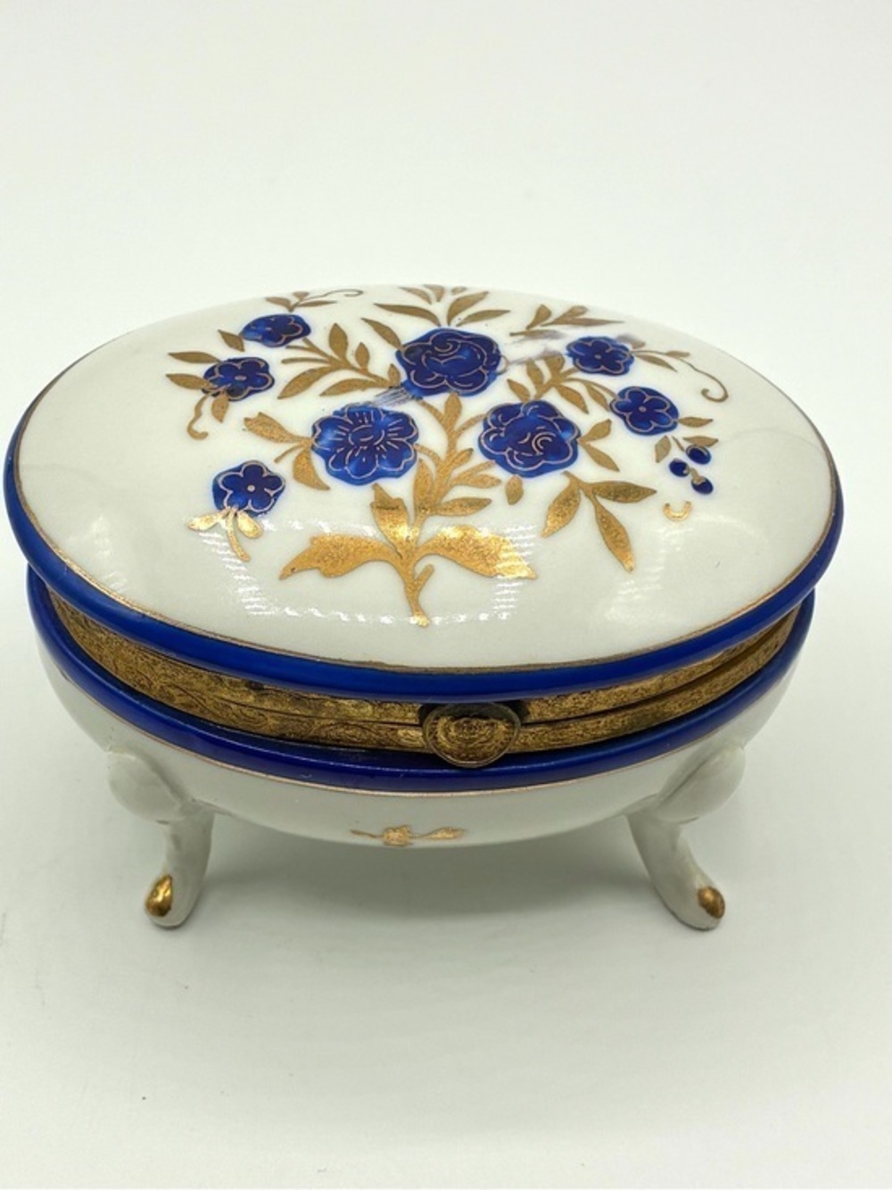 Vintage Isco Porcelain Trinket Box Blue Floral Gold Tone Footed Vanity Box